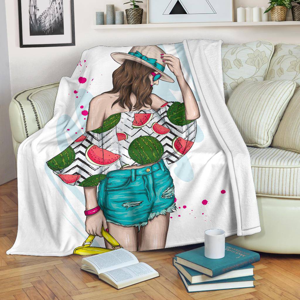 Summer Style Beautiful Girl with Watermelon Top Premium Blanket - Top Content | POD Collection | Free Shipping