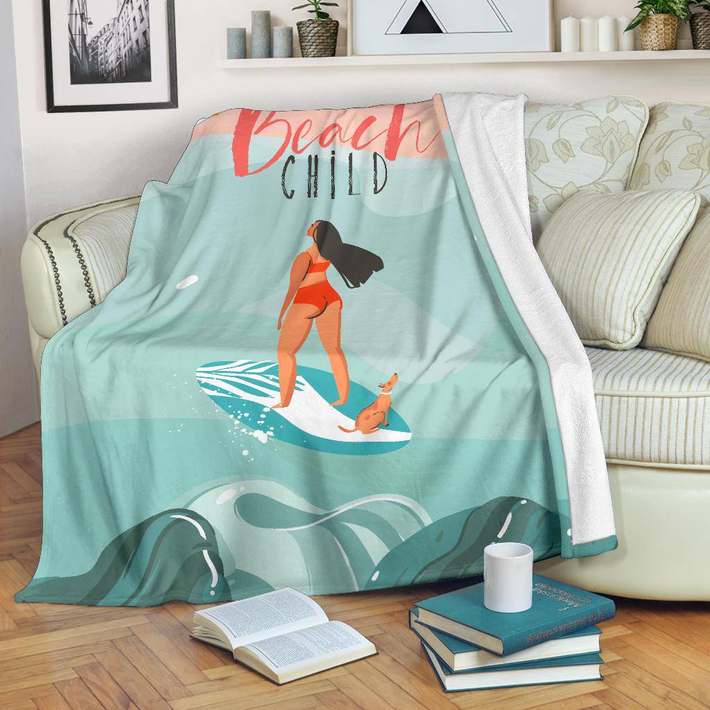 Hand Drawn Cartoon Happy Woman, Beach Child Premium Blanket - Top Content | POD Collection | Free Shipping