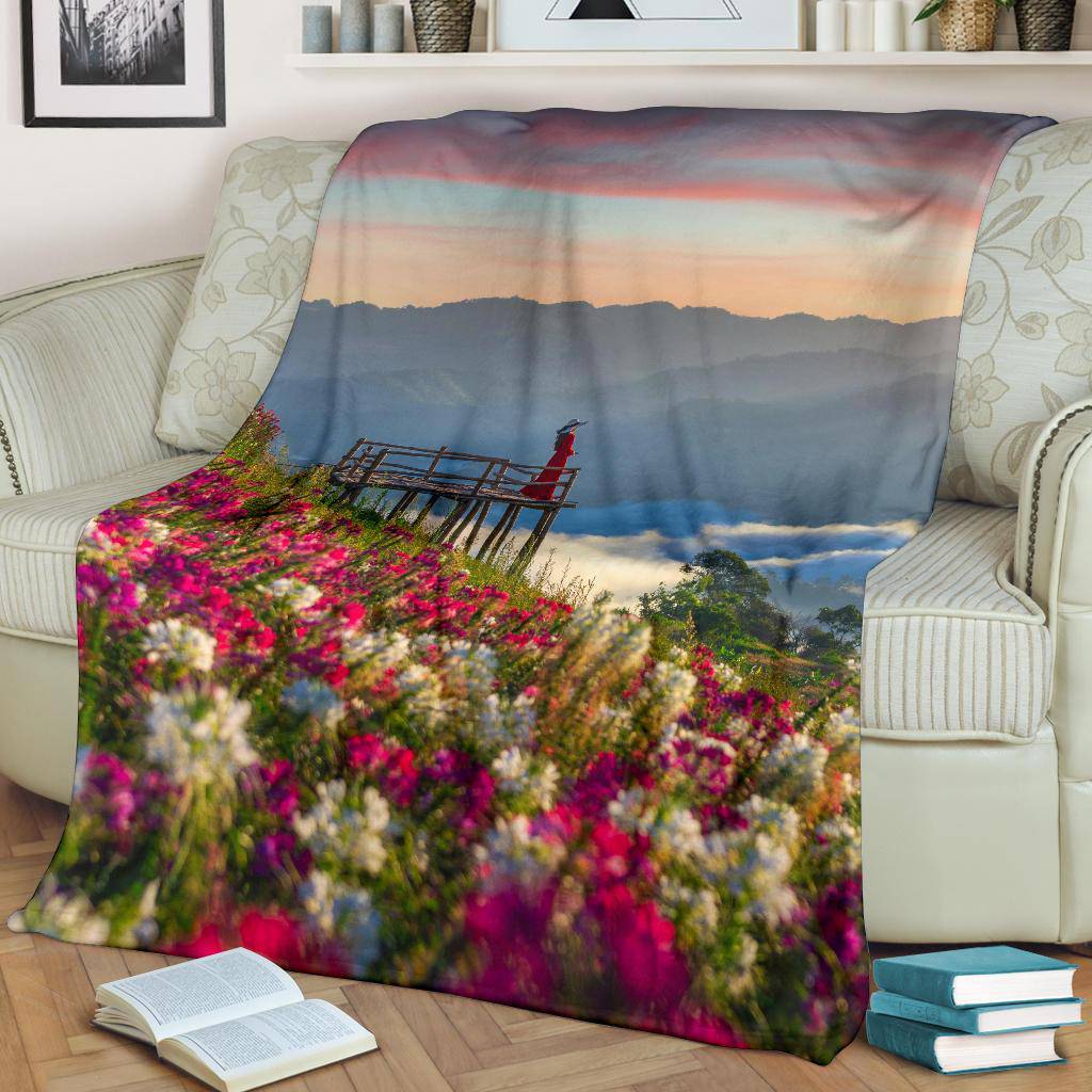 Girl Colourful Flower Field Nature Premium Blanket - Top Content | POD Collection | Free Shipping