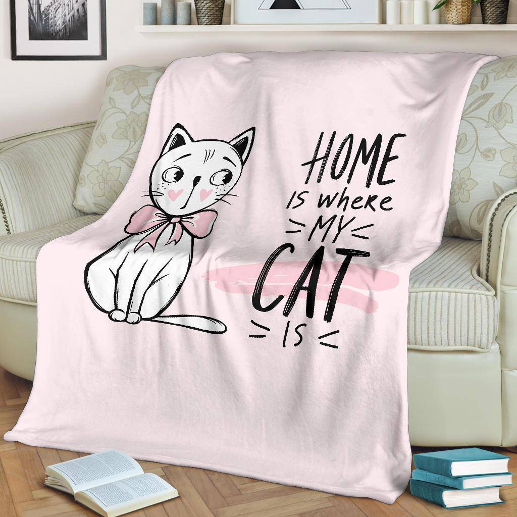 Cute Kitten Drawing Cartoon Premium Blanket, Home Is Where My Cat Is - Top Content | POD Collection | Free Shipping