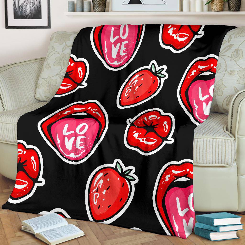 Red Lips Strawberry Kiss Love Seamless Pattern Premium Blanket - Top Content | POD Collection | Free Shipping