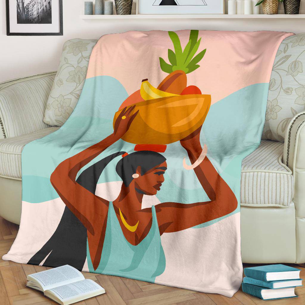 Young Female Carries Basket with Fruits on her Head, Hand Drawn Premium Blanket - Top Content | POD Collection | Free Shipping