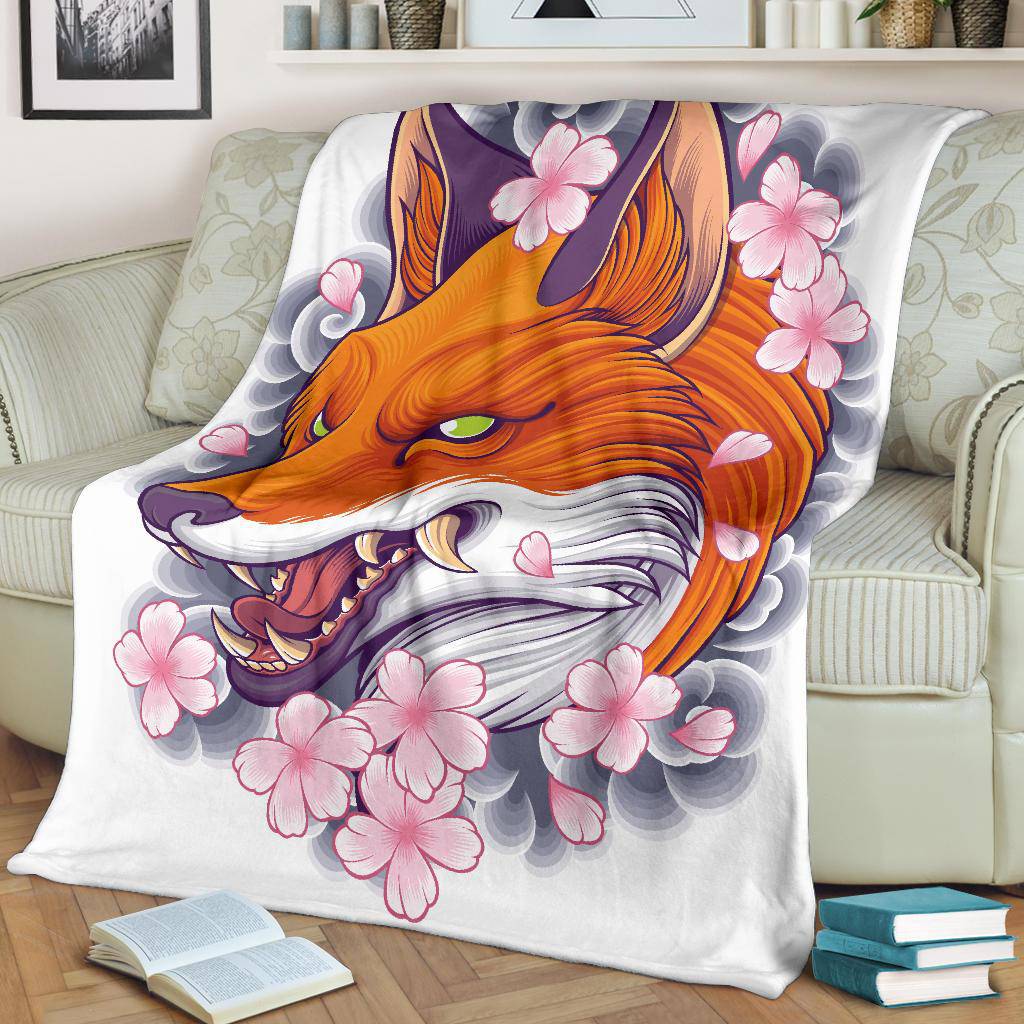 Angry Fox Head with Japanese Flowers Premium Blanket - Top Content | POD Collection | Free Shipping