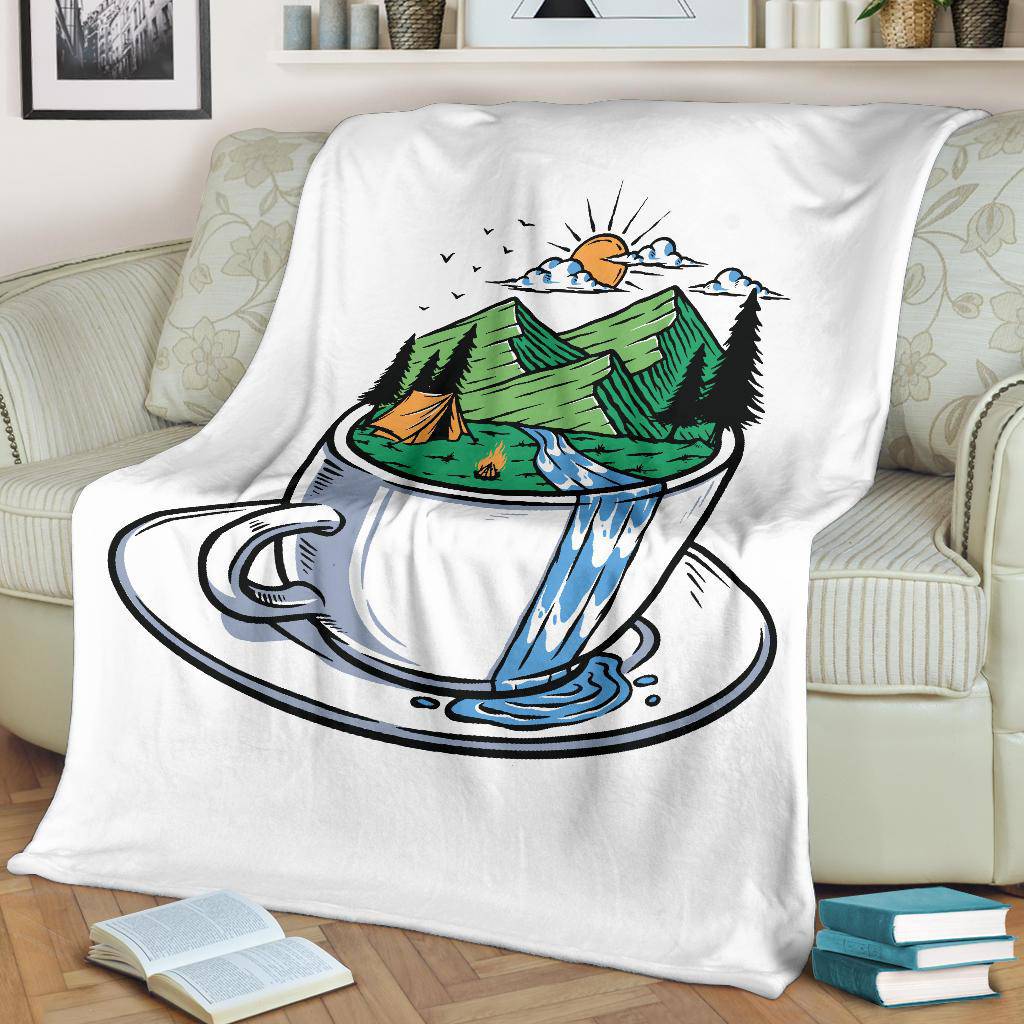 Mountain View In A Cup Premium Blanket, Cool Cartoon Drawing - Top Content | POD Collection | Free Shipping