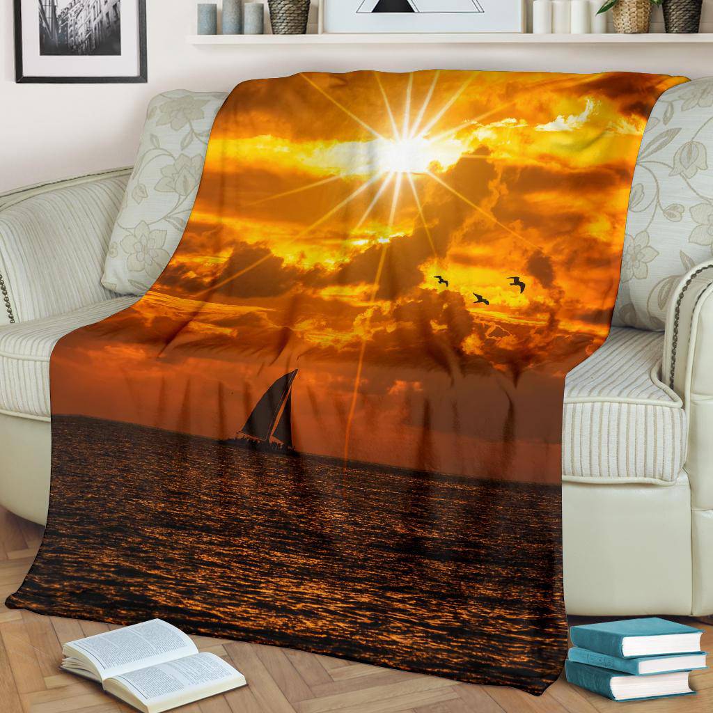 Silhouette Boat Sea Sun Birds Premium Blanket - Top Content | POD Collection | Free Shipping