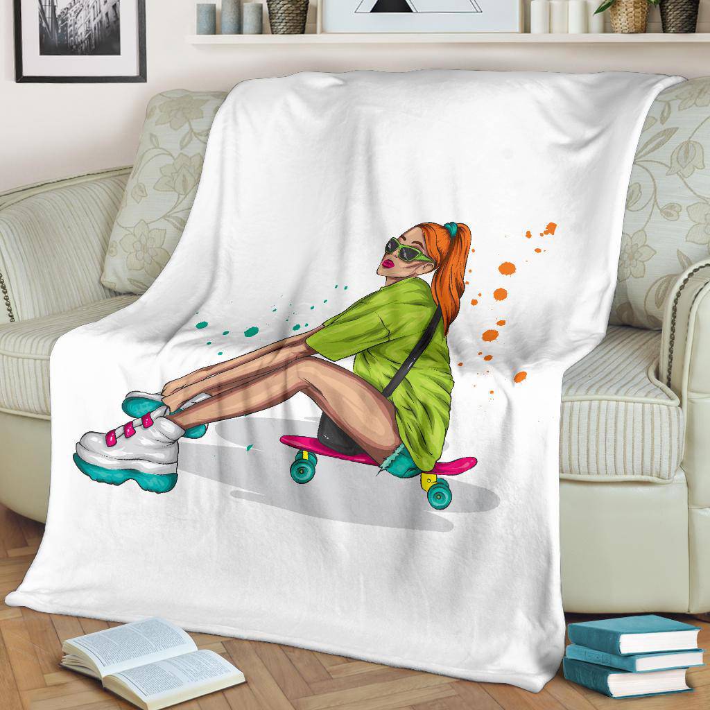 Premium Blanket Stylish Beautiful Girl With Skateboard Illustration - Top Content | POD Collection | Free Shipping