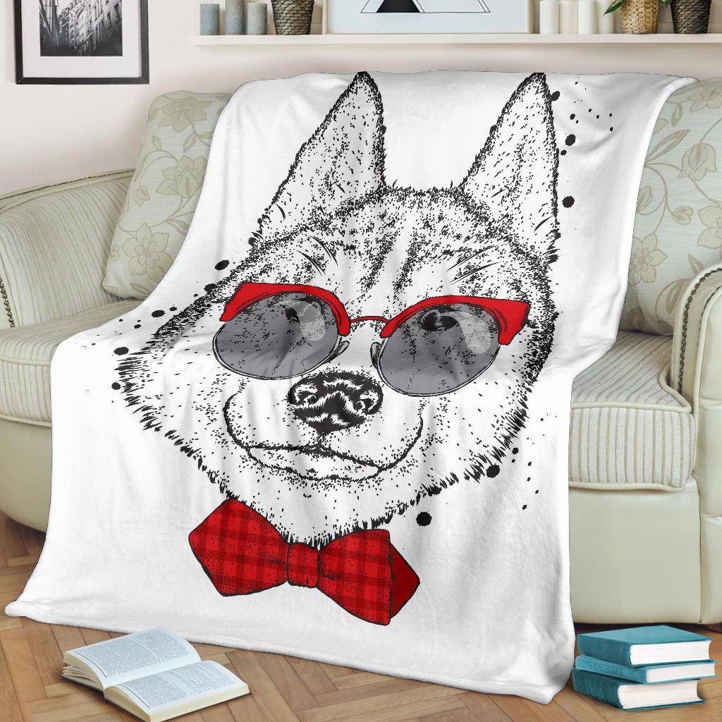 Cute Husky Drawing With Tie And Glasses Premium Blanket - Top Content | POD Collection | Free Shipping