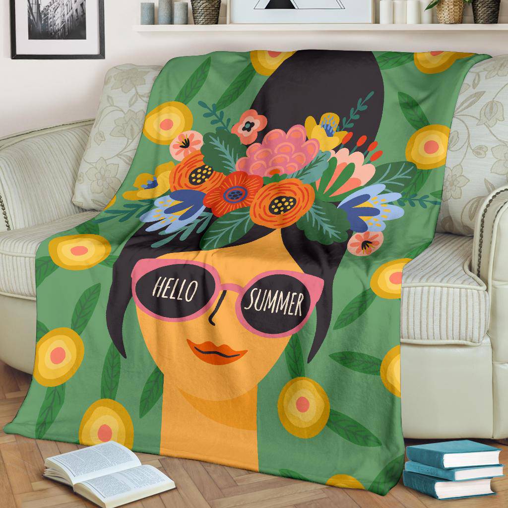 Hello Summer Girl with Flowers Premium Blanket - Top Content | POD Collection | Free Shipping