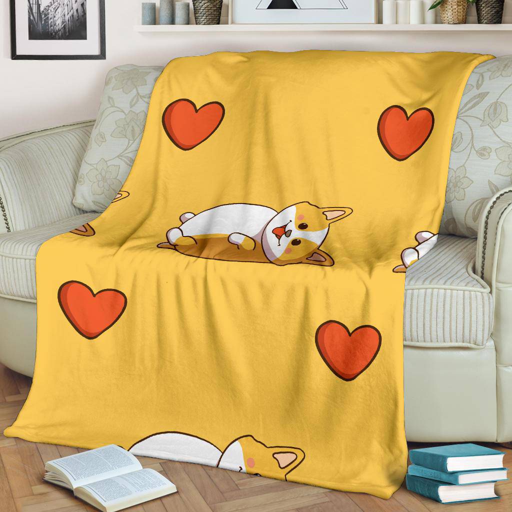 Cute Corgi WIth Love Icon, Doodle Yellow Style Cartoon Premium Blanket - Top Content | POD Collection | Free Shipping