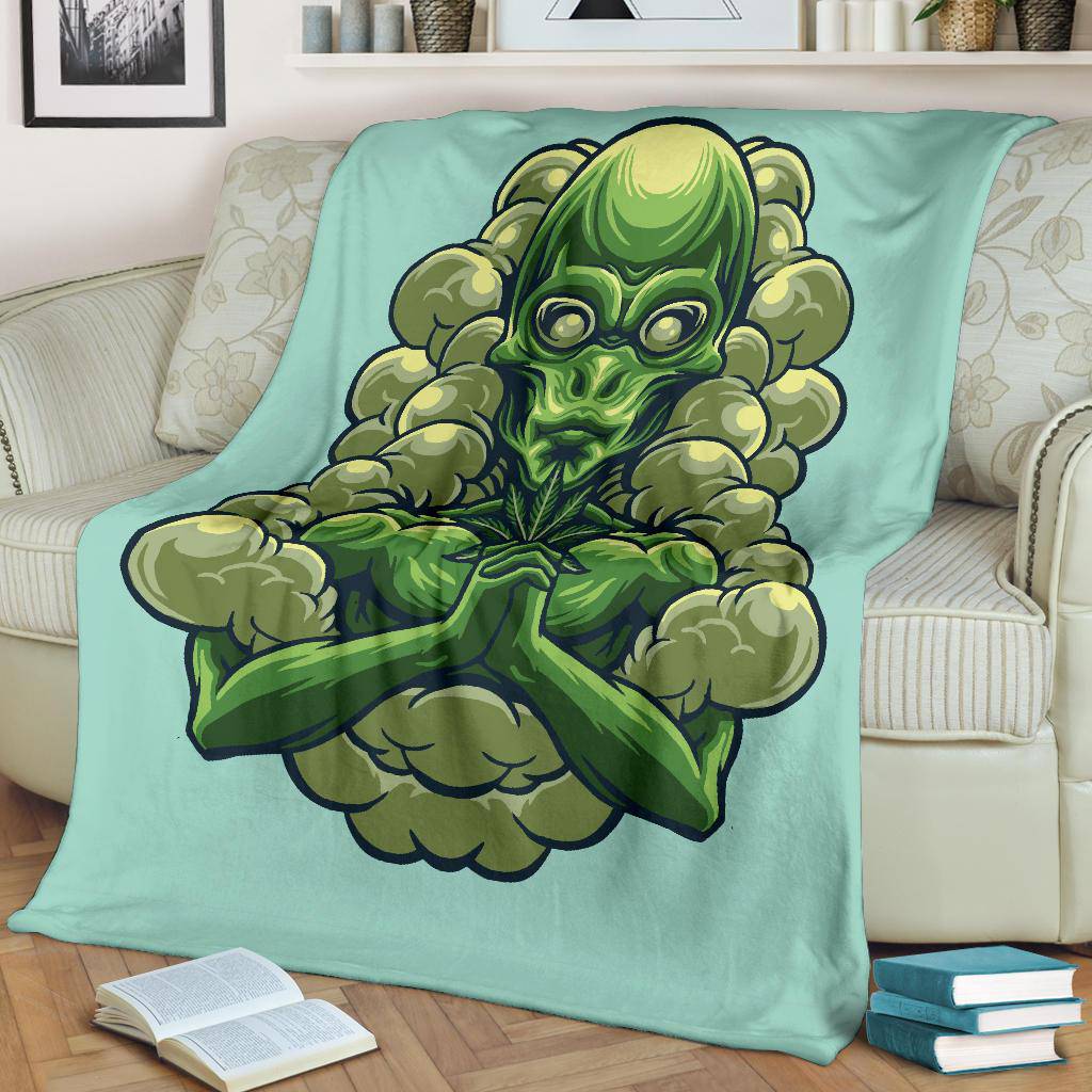 Alien Holding Marijuana, Cool Weed Cartoon Premium Blanket - Top Content | POD Collection | Free Shipping