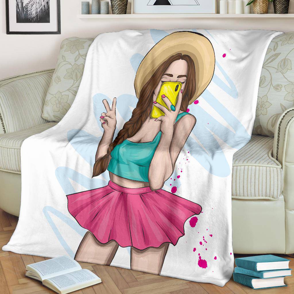 Selfie Stylish Girl Cartoon Premium Blanket - Top Content | POD Collection | Free Shipping