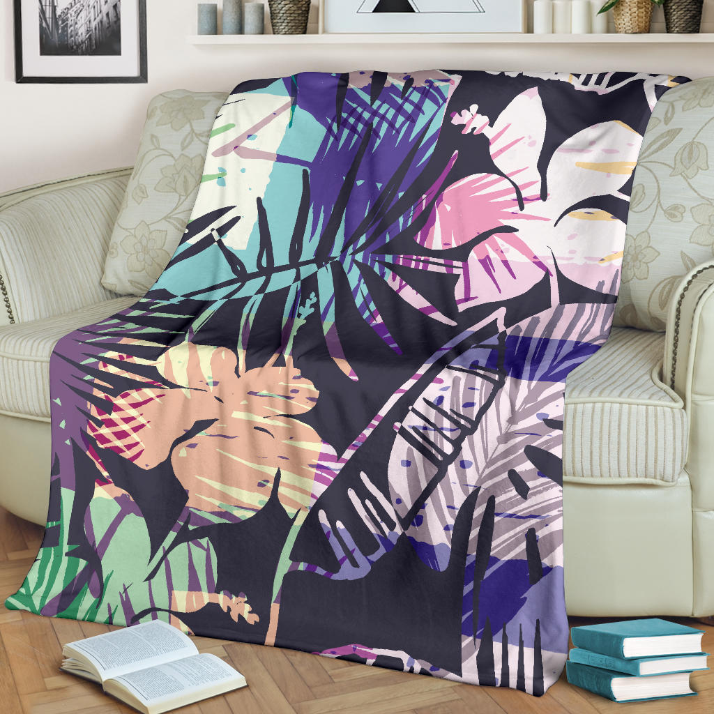 Colorful Tropical Leaves Pattern, Exotic Plants Premium Blanket - Top Content | POD Collection | Free Shipping