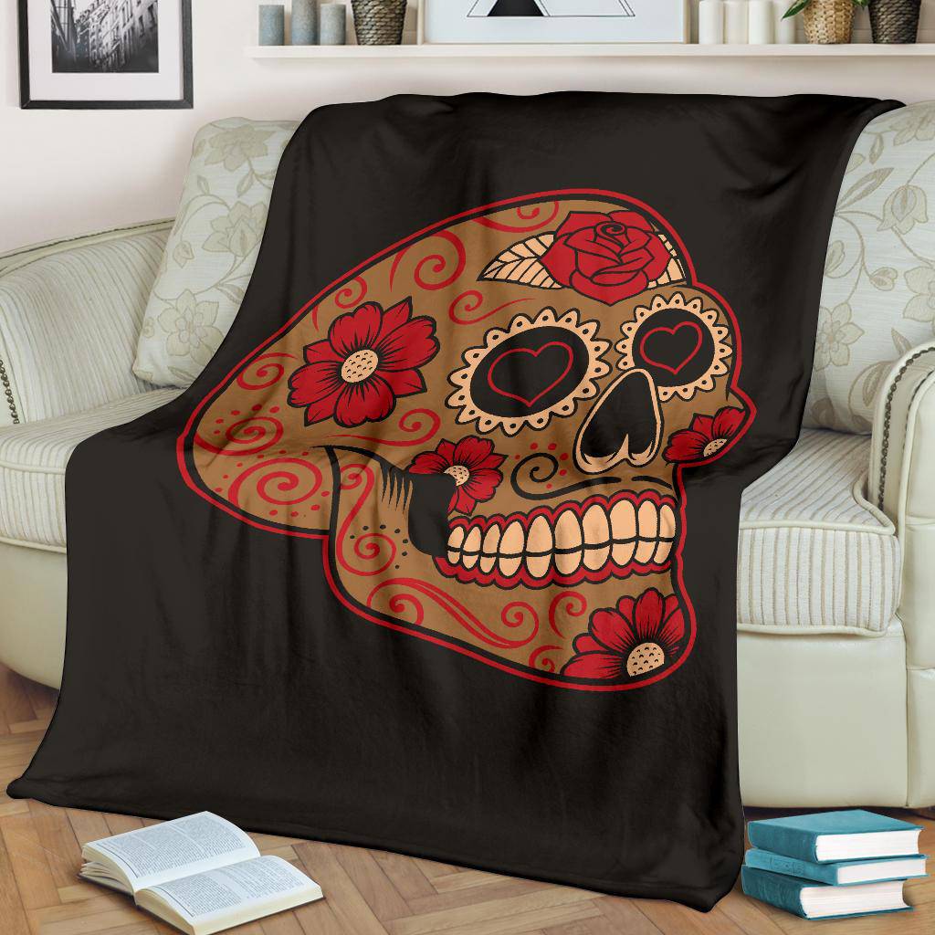 Colourful Mexican Sugar Skull, Hears Flowers Illustration Premium Blanket - Top Content | POD Collection | Free Shipping