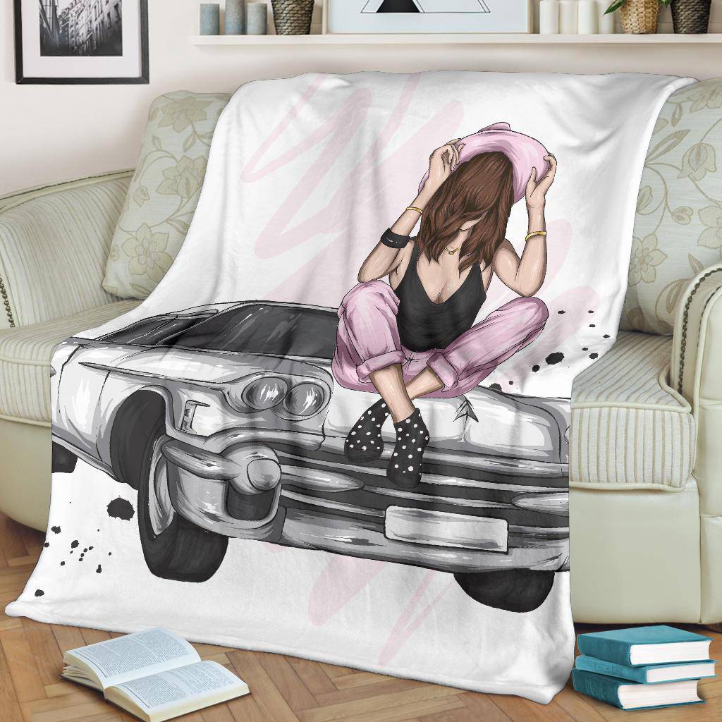 Beautiful Retro Car Girl Premium Blanket - Top Content | POD Collection | Free Shipping