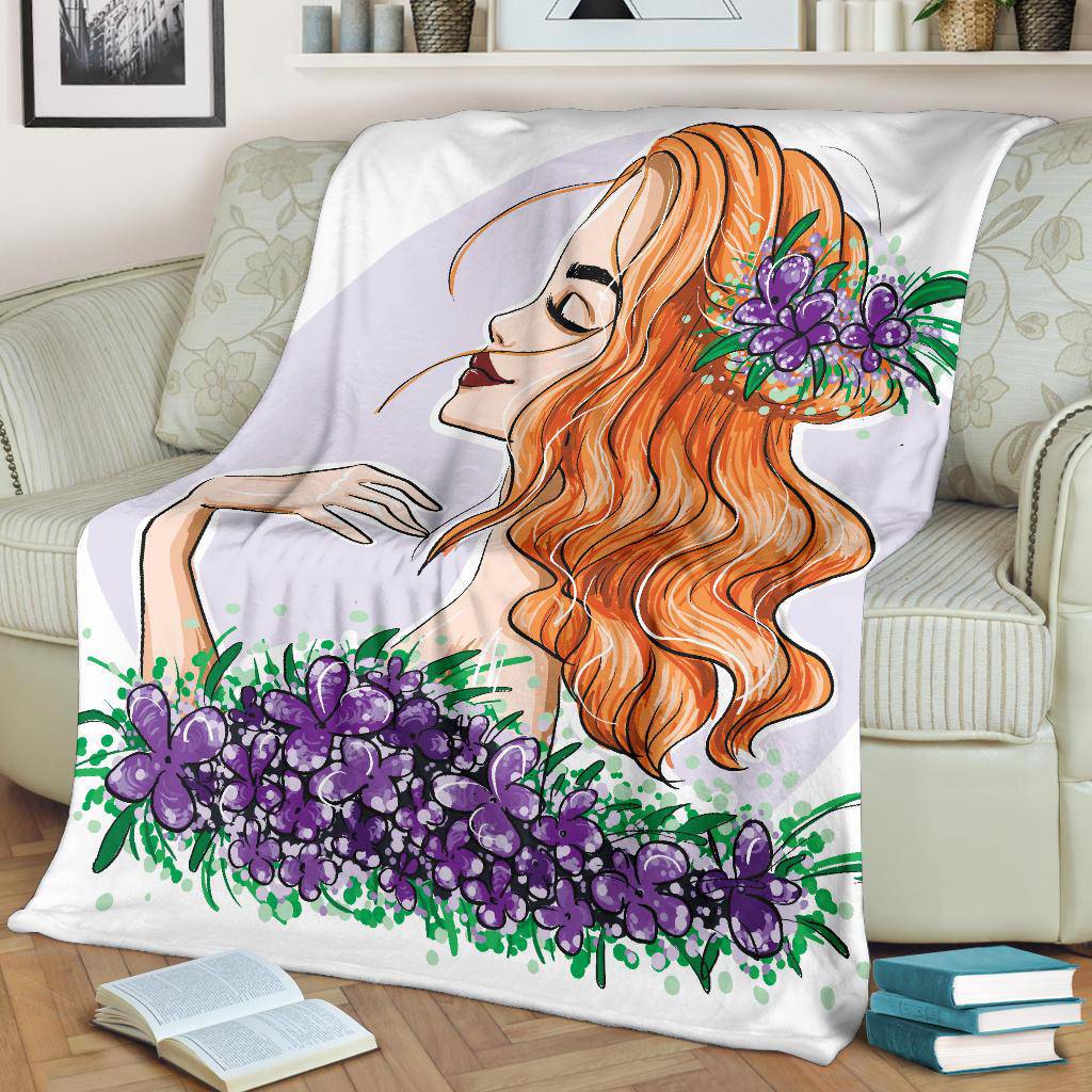 Beautiful Girl with Red Waved Hair and the Flowers in the Head Premium Blanket - Top Content | POD Collection | Free Shipping