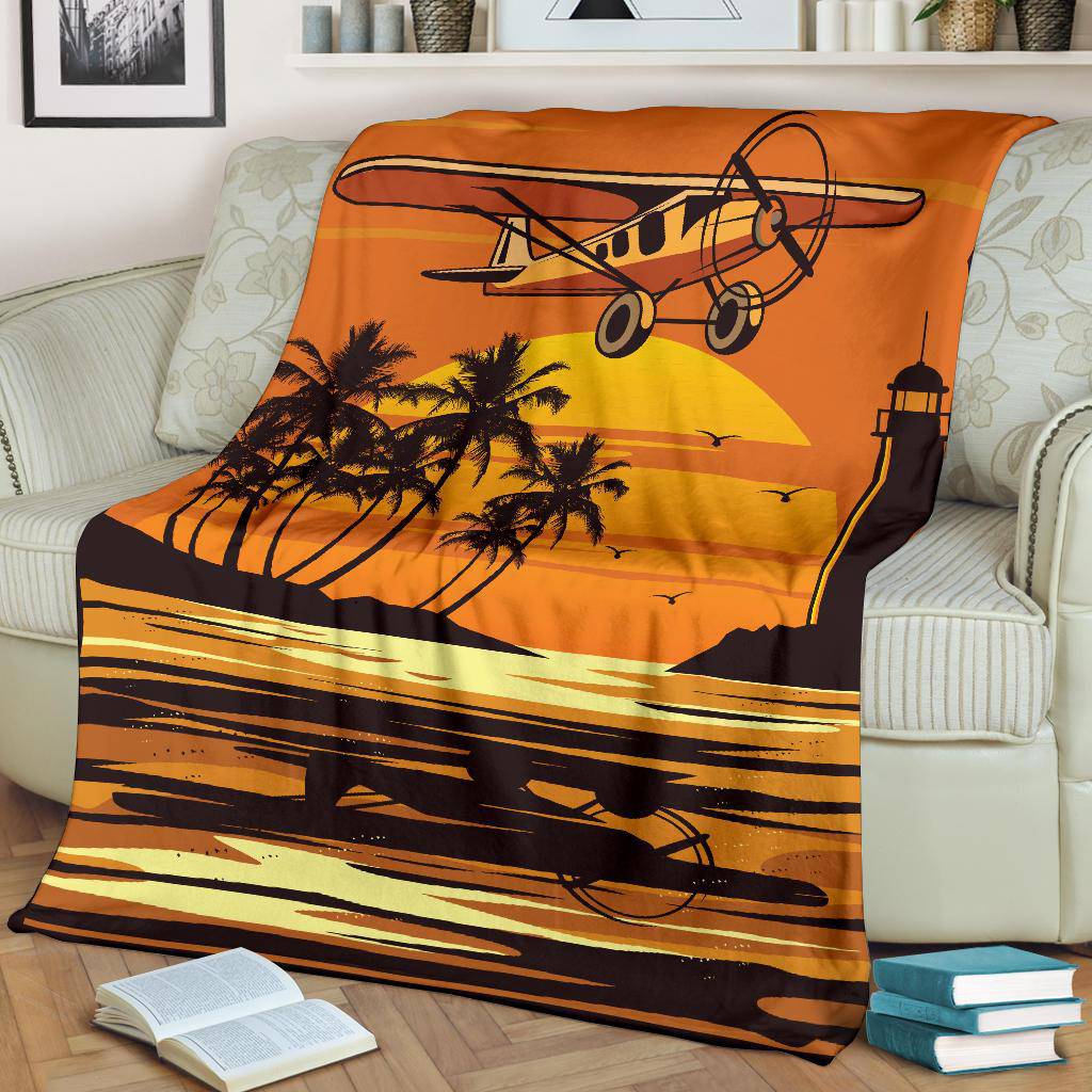 Flying Plane Beach Cartoon Premium Blanket - Top Content | POD Collection | Free Shipping