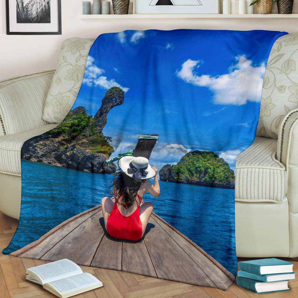 Thailand Island Girl Boat View Premium Blanket - Top Content | POD Collection | Free Shipping