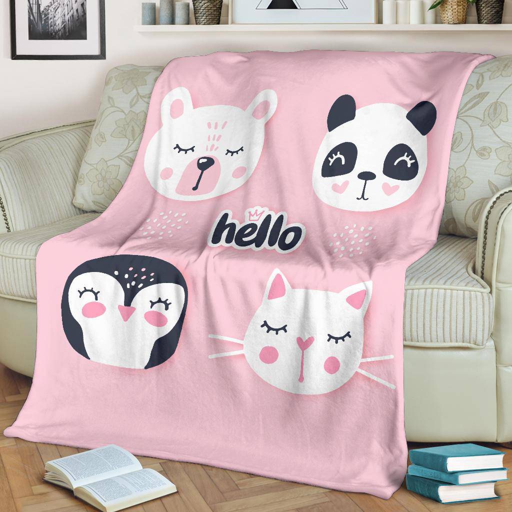 Hello Cute Bear Penguin Cat Bunny, Animal Cartoon Premium Blanket, - Top Content | POD Collection | Free Shipping