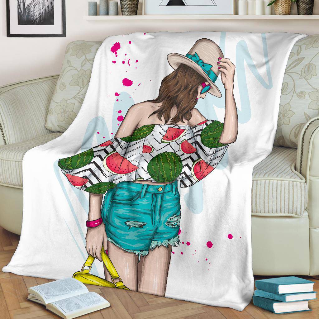 Summer Style Beautiful Girl with Watermelon Top Premium Blanket - Top Content | POD Collection | Free Shipping