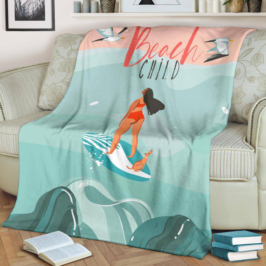 Hand Drawn Cartoon Happy Woman, Beach Child Premium Blanket - Top Content | POD Collection | Free Shipping