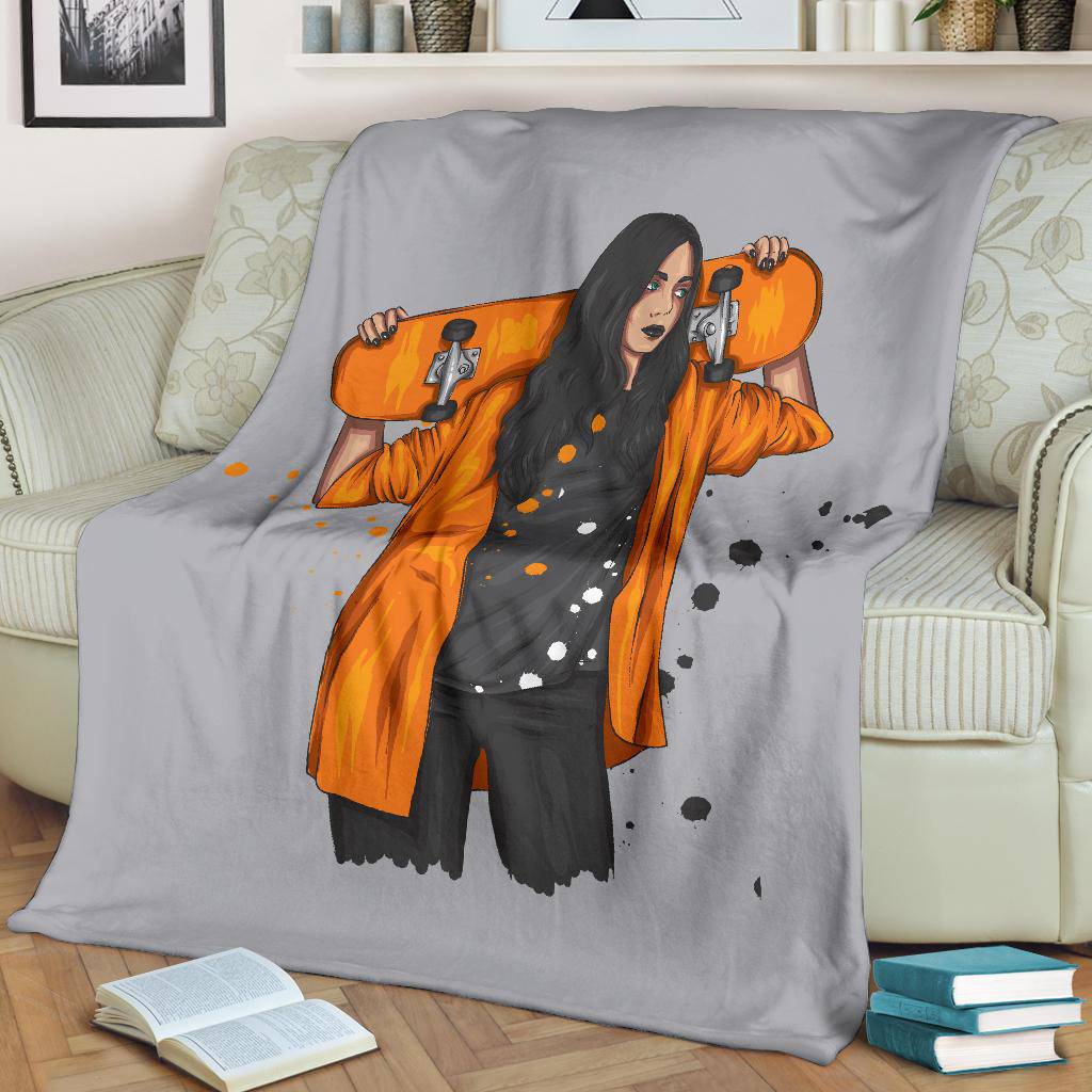 Pretty Skateboarding Girl Premium Blanket, Cartoon Style Drawing - Top Content | POD Collection | Free Shipping