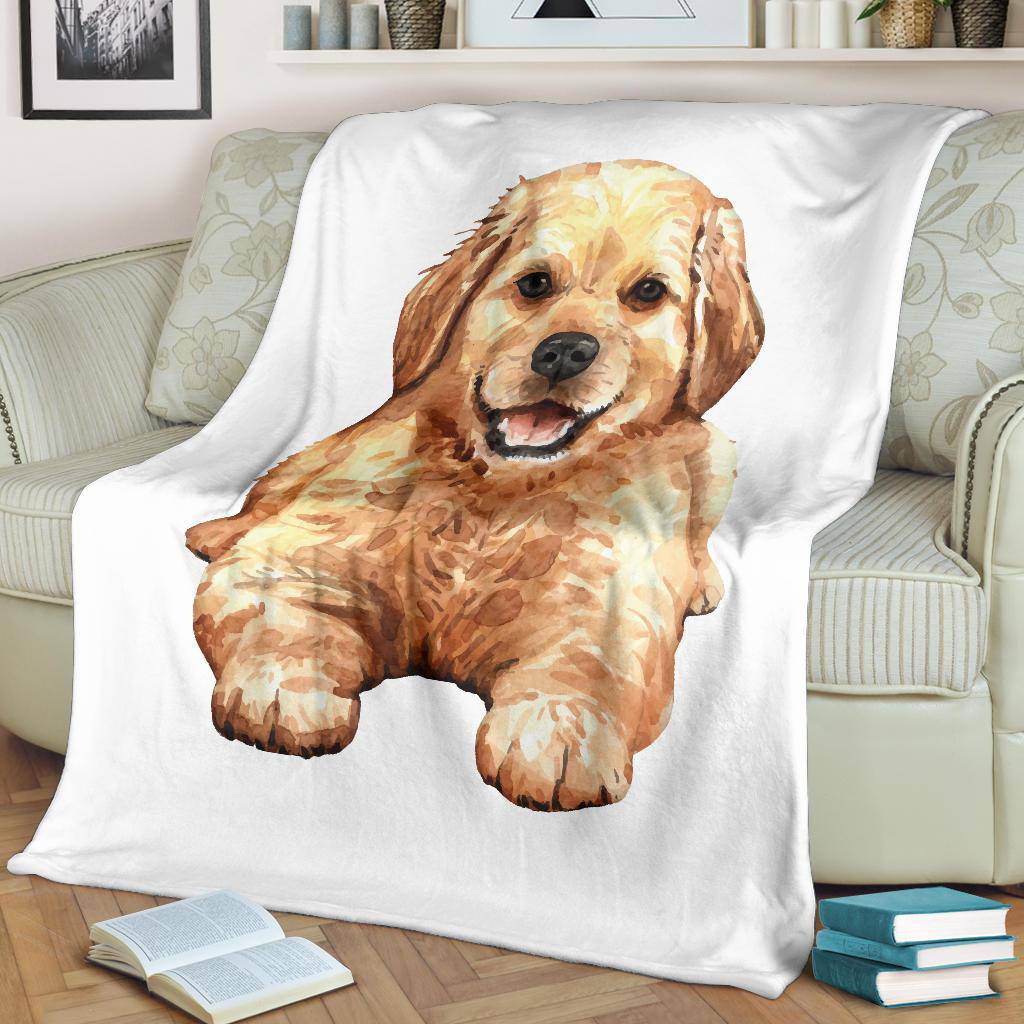 Golden Retriever Puppy Premium Blanket, Hand Drawn Watercolour Dog - Top Content | POD Collection | Free Shipping