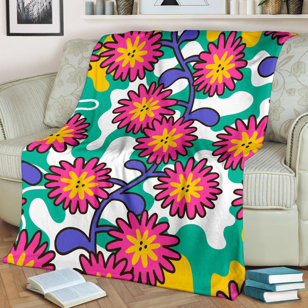 Cartoon Flowers, Colorful Floral Pattern Premium Blanket - Top Content | POD Collection | Free Shipping