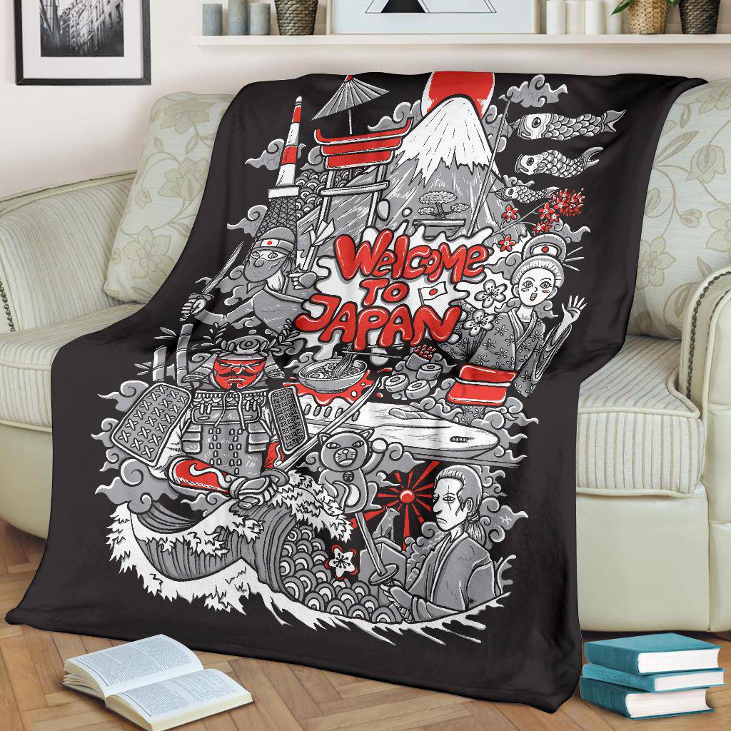 Welcome To Japan Premium Blanket, Illustration Of Culture Landmarks - Top Content | POD Collection | Free Shipping