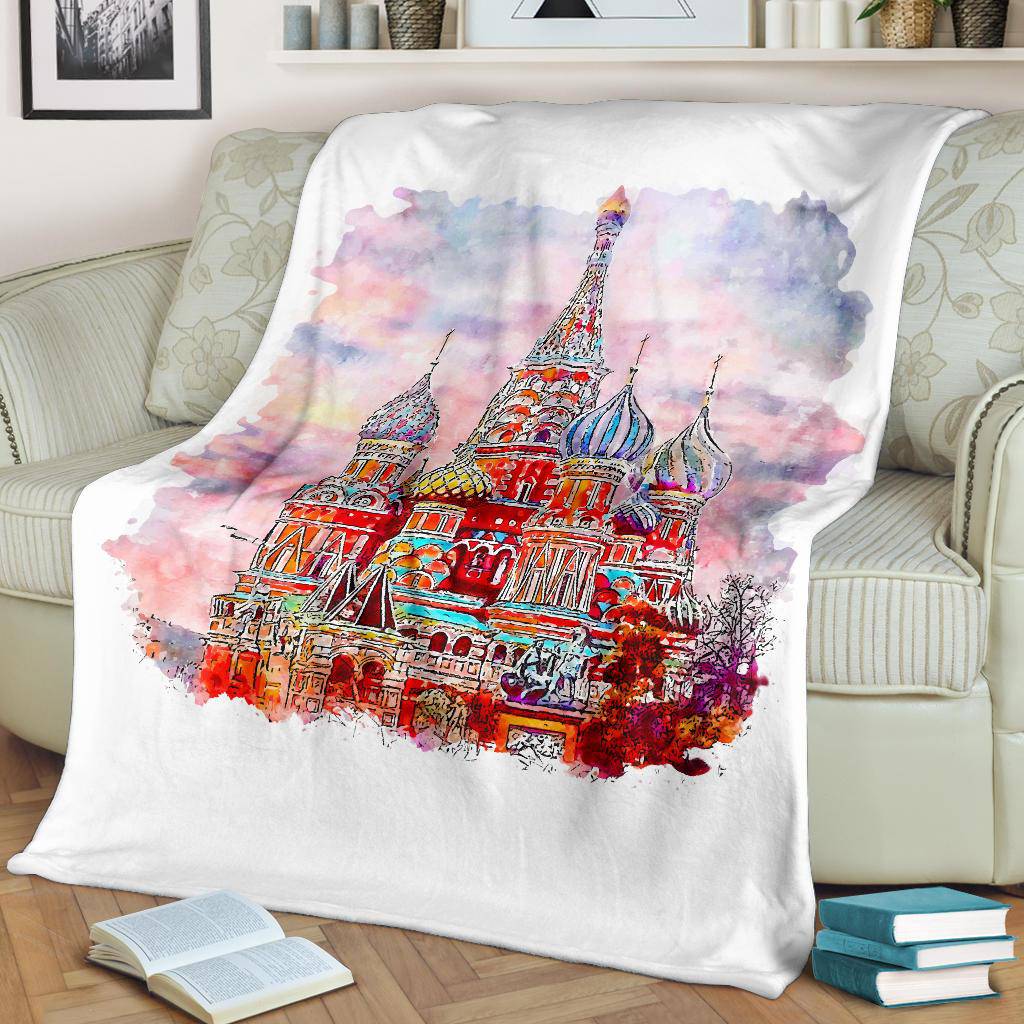 Moscow Red Square Russia Premium Blanket, Watercolour Hand Drawn Sketch Illustration - Top Content | POD Collection | Free Shipping