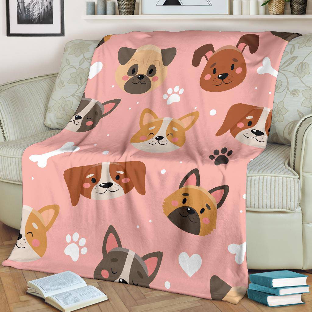 Cute Doggy Pink Background, Paws and Bones Cartoon Premium Blanket - Top Content | POD Collection | Free Shipping