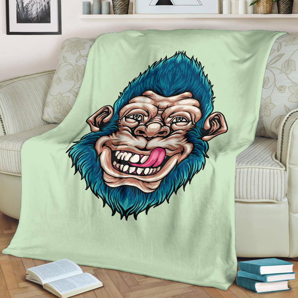 Funny Monkey Head Premium Blanket, Cool Cartoon Vector Illustration - Top Content | POD Collection | Free Shipping