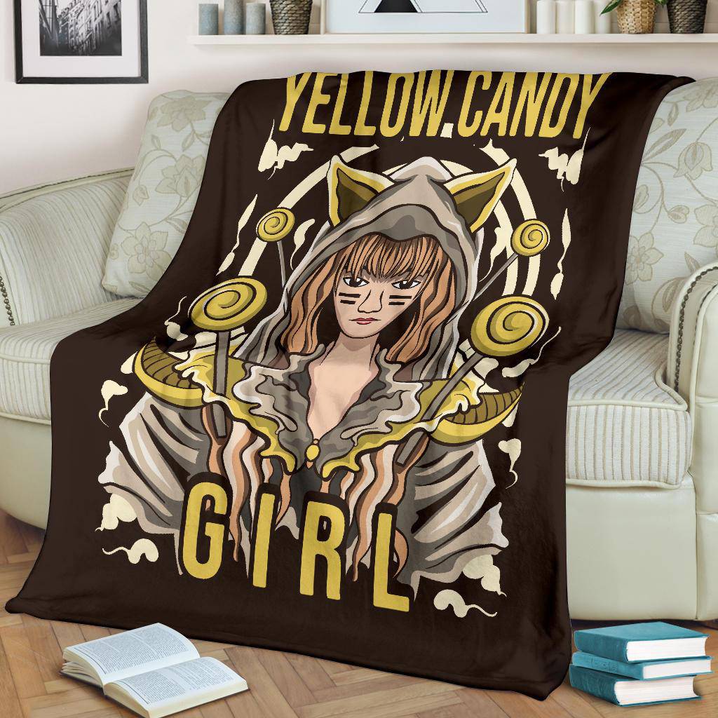 Yellow Candy Girl Premium Blanket, Cool Cat Girl Cartoon Drawing - Top Content | POD Collection | Free Shipping