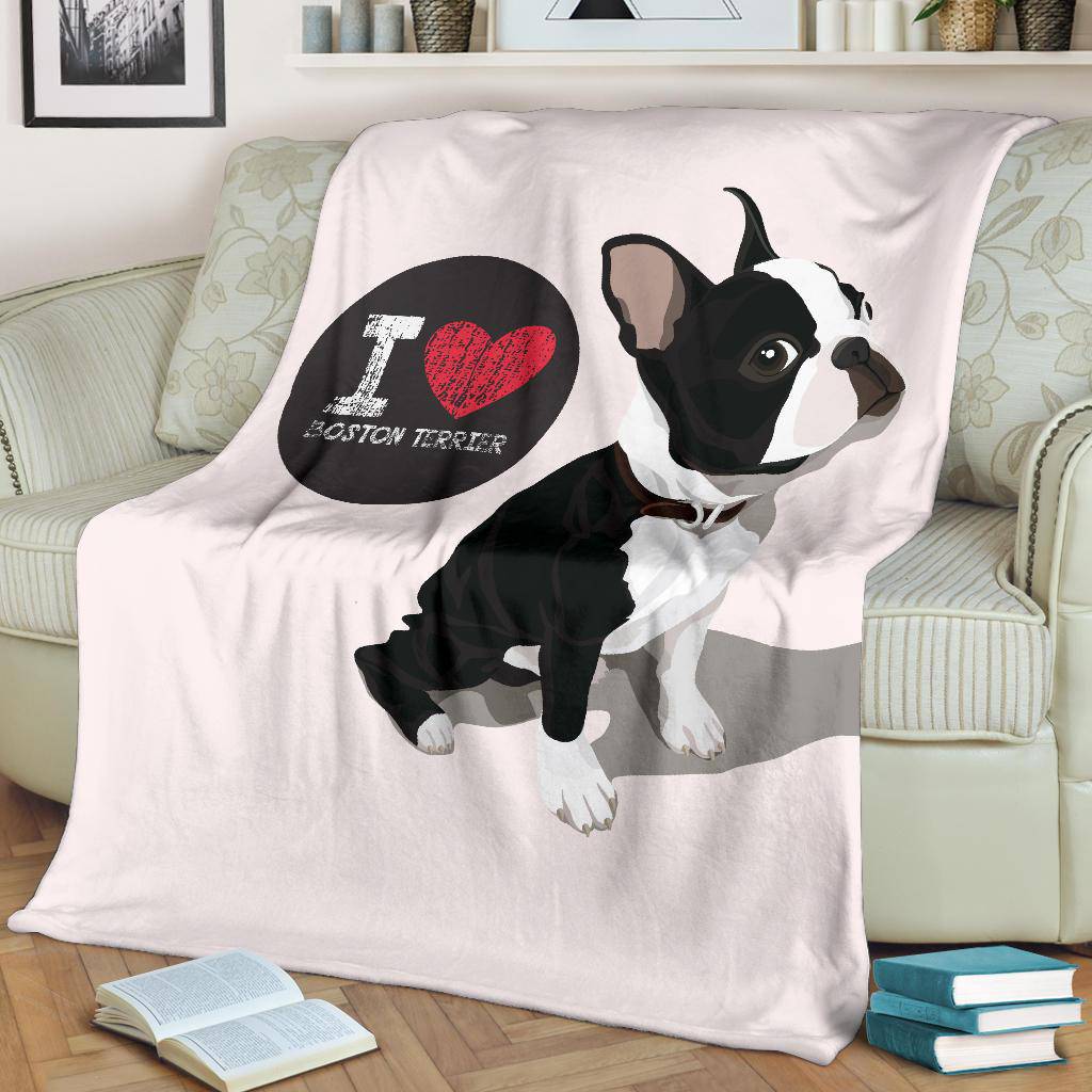 I Love Boston Terrier, Dog Cartoon Illustration Premium Blanket - Top Content | POD Collection | Free Shipping