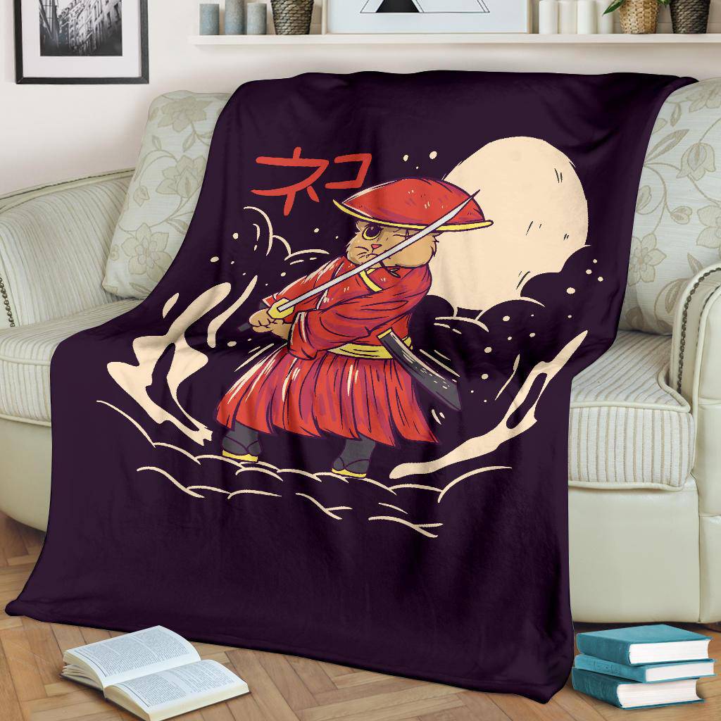 Samurai Japanese Cat Premium Blanket, Cool Cartoon Drawing - Top Content | POD Collection | Free Shipping