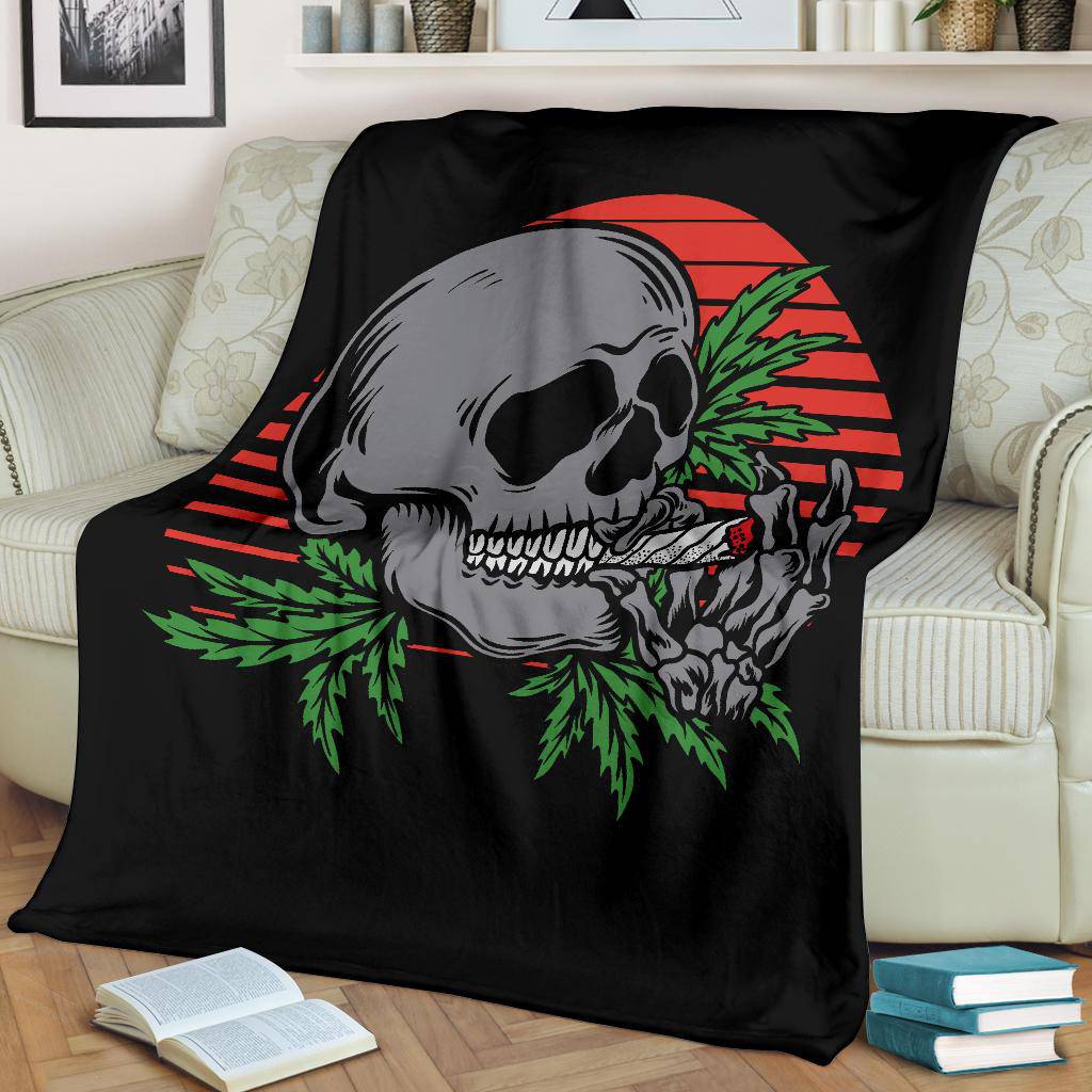 Skull Premium Blanket, Red Moon Weed Smoking Cartoon Illustration - Top Content | POD Collection | Free Shipping