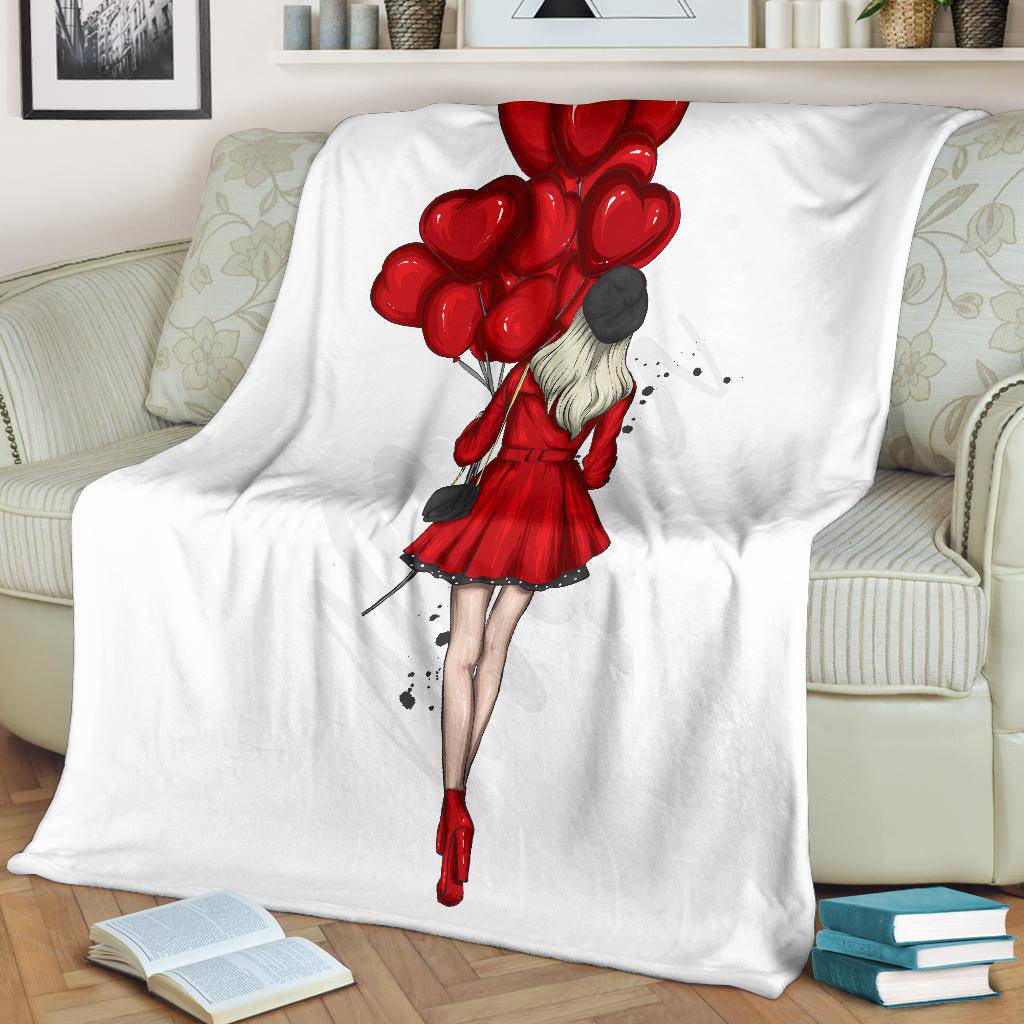 Premium Blanket Stylish Beautiful Girl With Heart Ballons - Top Content | POD Collection | Free Shipping