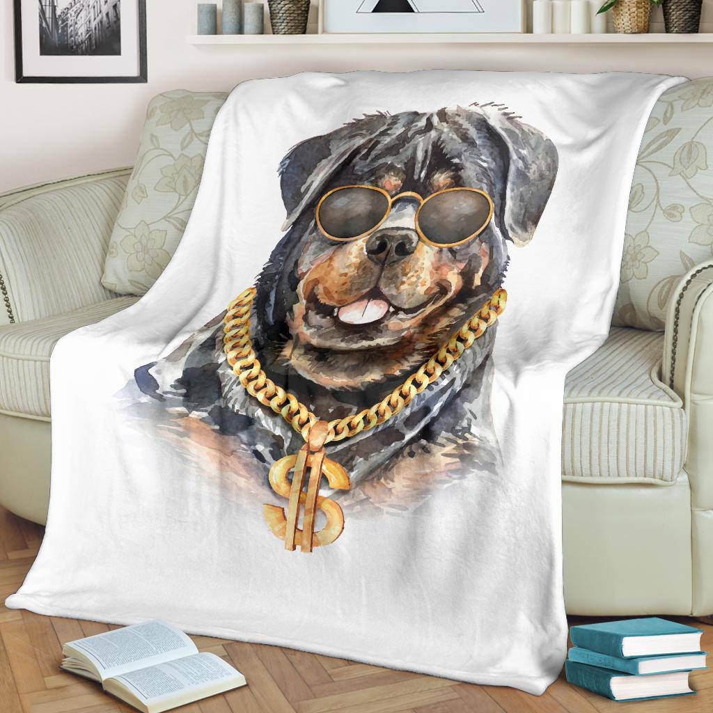 Rottweiler Watercolour Portrait Drawing Premium Blanket, Cool Rich Dog Cartoon - Top Content | POD Collection | Free Shipping