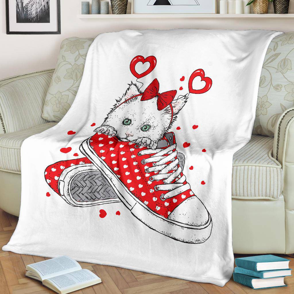 Cute Valentine Kitten In A Sneaker, Cartoon Drawing Premium Blanket - Top Content | POD Collection | Free Shipping