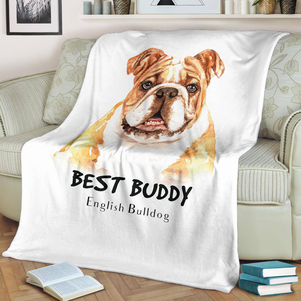 Watercolour English Bulldog Portrait Premium Blanket, Best Buddy Cartoon - Top Content | POD Collection | Free Shipping