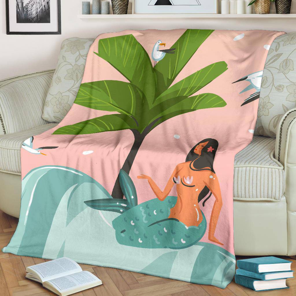 Summer Vibes Cartoon, Girl Mermaid on the Beach, Hand Drawn Premium Blanket - Top Content | POD Collection | Free Shipping