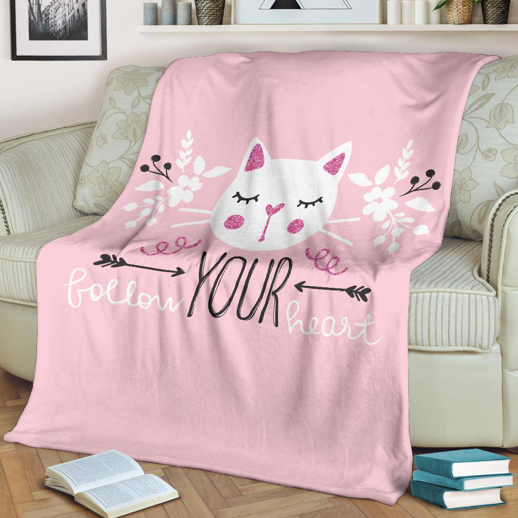 Girly Cute Cat Vector Illustration Premium Blanket, Follow Your Heart - Top Content | POD Collection | Free Shipping