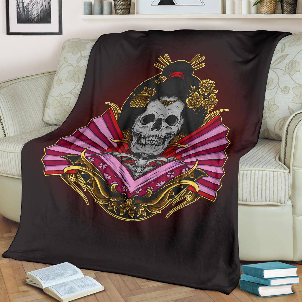 Skeleton Geisha Skull Premium Blanket, Cool Japanese Art Illustration - Top Content | POD Collection | Free Shipping