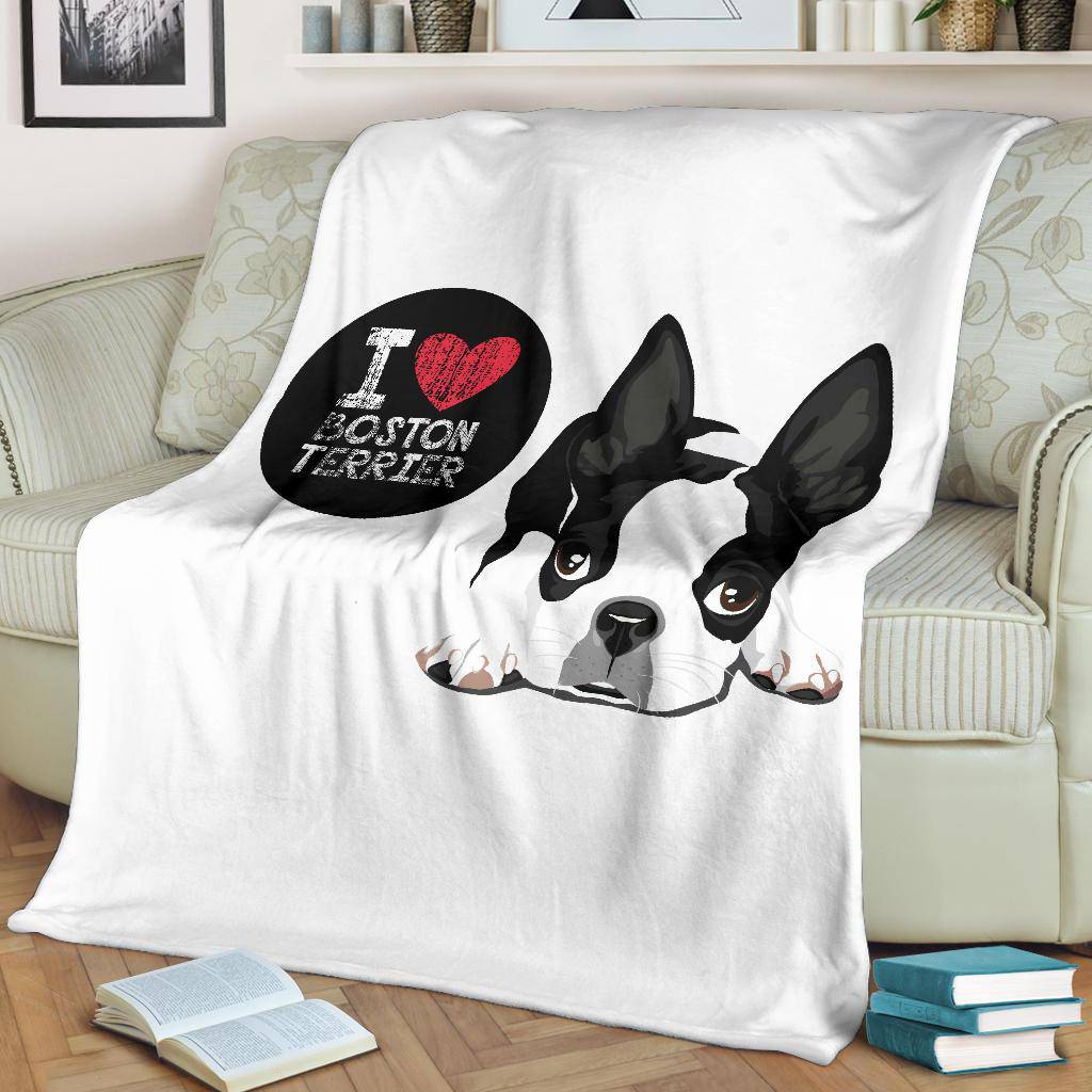 Cute Dog Cartoon Illustration, I Love Boston Terrier Premium Blanket - Top Content | POD Collection | Free Shipping