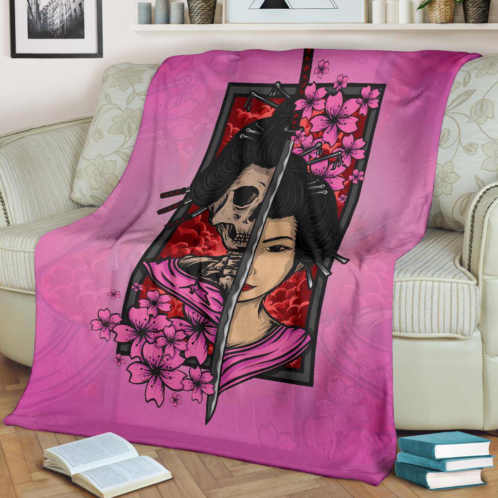 Geisha Skull With Sakura And Katana Premium Blanket, Japanese Style Art - Top Content | POD Collection | Free Shipping