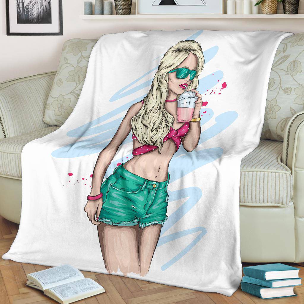 Sexy Summer Cocktail Girl Cartoon Drawing Premium Blanket - Top Content | POD Collection | Free Shipping