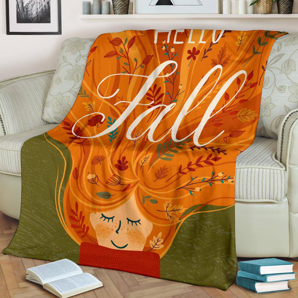 Hello Autumn Fall Leaves Red Hair Girl Premium Blanket - Top Content | POD Collection | Free Shipping