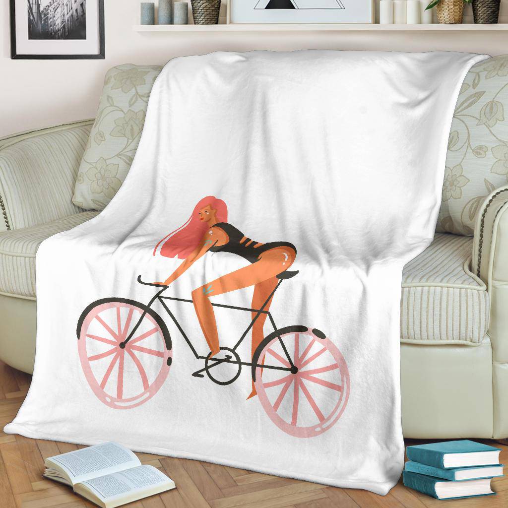 Hand Drawn Cartoon Girl with Bicycle Summer Vibes Premium Blanket - Top Content | POD Collection | Free Shipping