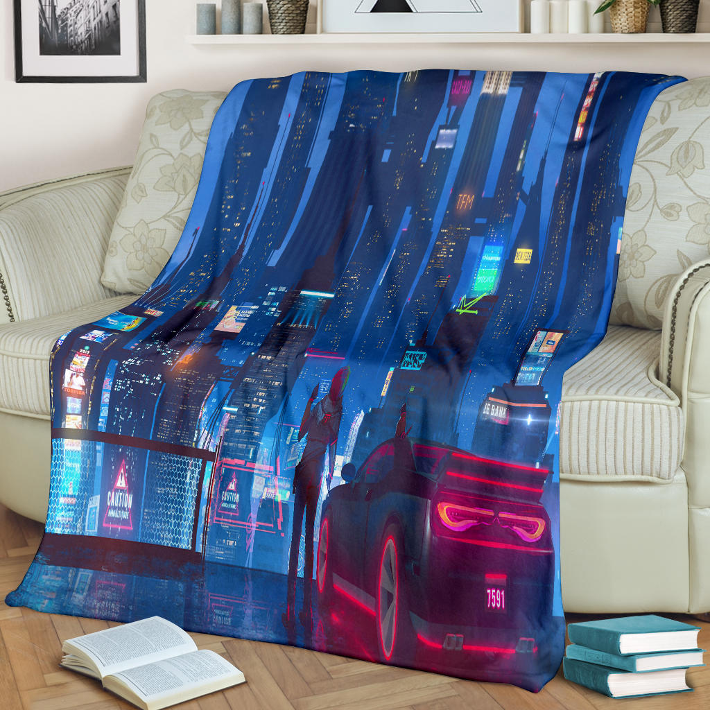 city life futuristic car artwork blanket