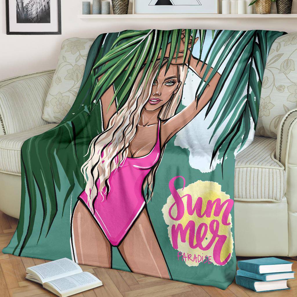 Summer Blonde Girl Premium Blanket, Beach Vibes, Palm Leaves Cartoon - Top Content | POD Collection | Free Shipping