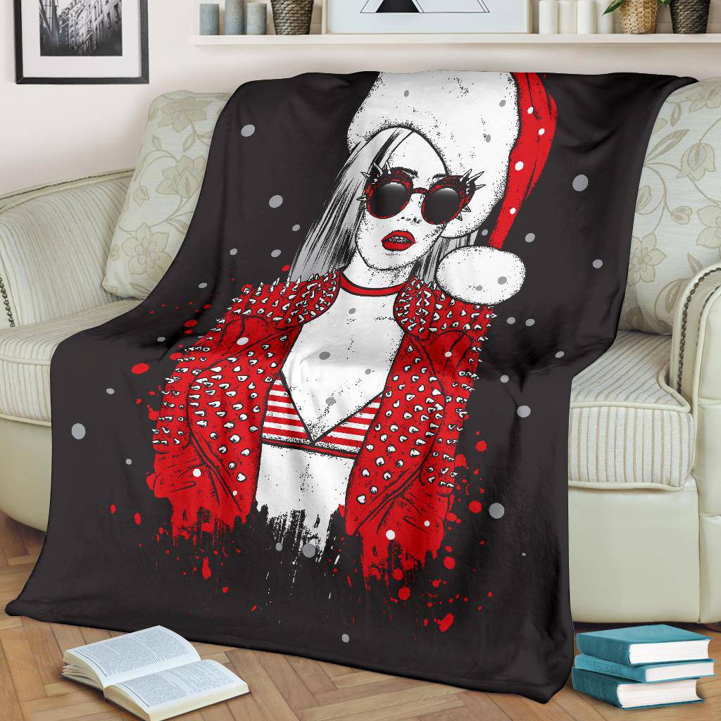 Sexy Rock Style Girl with Santa Claus Hat Premium Blanket - Top Content | POD Collection | Free Shipping